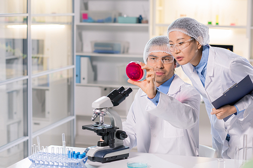 Young female pharmacist and her colleague looking at new chemical substance in petri dish while studying its features