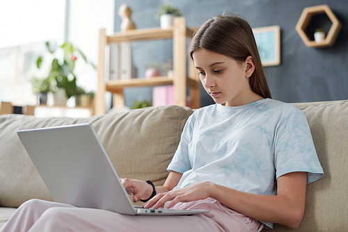 teenage girl in casualwear sitting on couch with laptop on her knees while browsing in the net in home