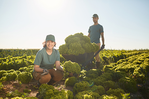 Full length portrait of two smiling workers  while posing with harvest at vegetable plantation outdoors, copy space