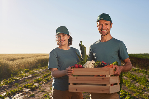 Waist up portrait of two workers holding box of vegetables and smiling at camera while standing ant plantation outdoors, copy space