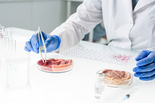 Gloved hands of scientific researcher in whitecoat taking tiny sample of raw vegetable meat during experiment while sitting by table in laboratory