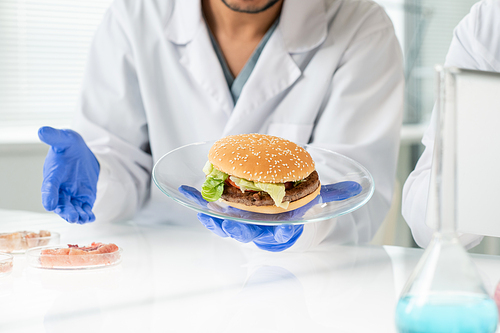 Gloved hands of male worker of food quality control holding plate with hamburger containing vegetable meat over table in laboratory