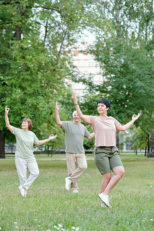 Energetic healthy senior couple with finger circles practicing qigong with instructor in park