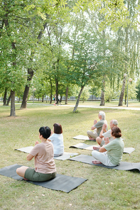 Group of calm mature people focused on meditation sitting with crossed legs on mats in summer park