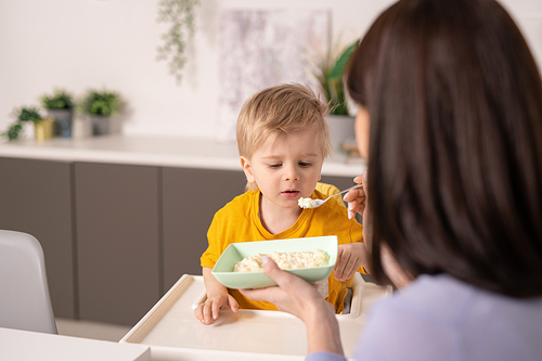 Cute little boy eating tasty homemade porridge while careful mother holding spoon by his mouth while feeding him during breakfast