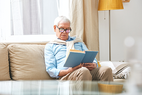 Serious elderly man in eyeglasses sitting on sofa and reading interesting book in living room