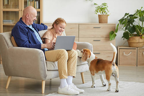 Full length portrait of modern senior man enjoying time at home with cure red haired girl and pet dog, copy space