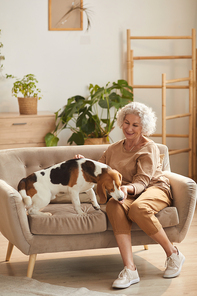 Vertical full length portrait of smiling senior woman playing with dog and giving him treats while sitting on couch in cozy home interior