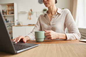 Cropped portrait of elegant businesswoman drinking coffee while using laptop at cozy home office workplace, copy space