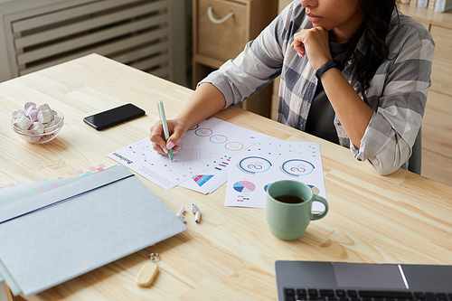 Cropped portrait of young mixed-race woman drawing graphs and charts while planning project at home office, copy space