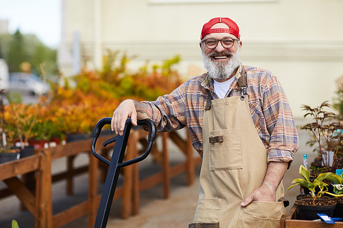 Waist up portrait of cheerful senior gardener looking at camera while leaning on shovel enjoying work on plantation outdoors, copy space