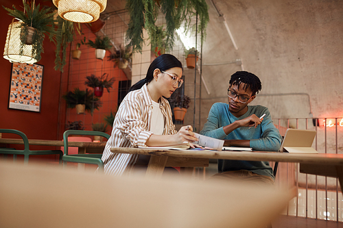 Portrait of two ethnic students working on project together while studying at table in cafe, copy space