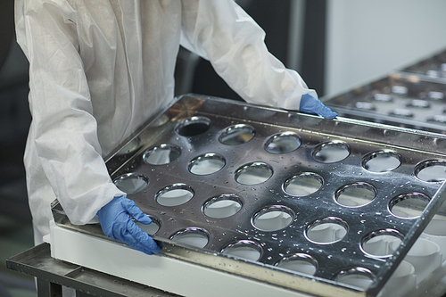 Cropped shot of unrecognizable worker holding cheese forms at clean food production factory, copy space