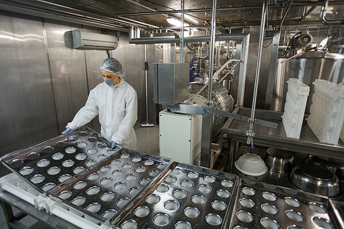 High angle background image of industrial conveyor belt at clean food production factory with unrecognizable female worker, copy space