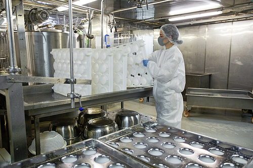 Side view portrait of young woman working at food factory and holding molds while wearing protective clothing, copy space