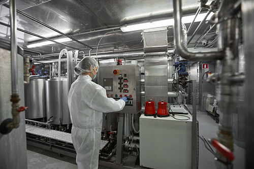 Back view portrait of female worker operating machine units at clean food production factory, copy space