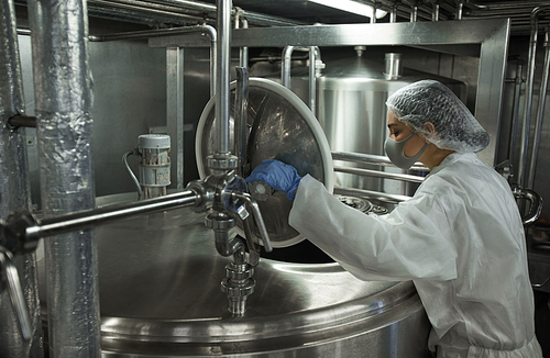 Side view portrait of young female worker operating mixing machine at clean food production factory, copy space