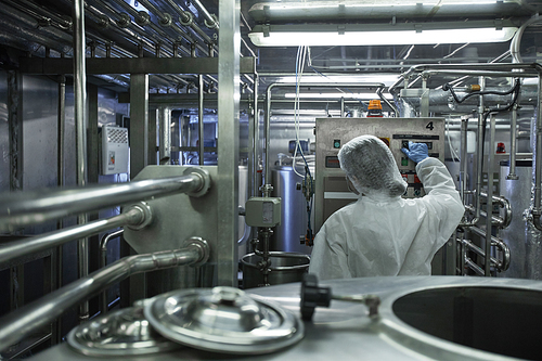 Back view at unrecognizable female worker operating machine units at clean food factory, copy space