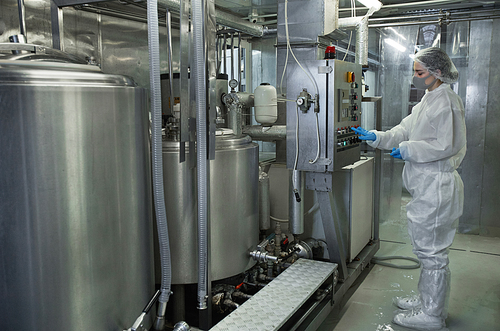 Full length side view at young female worker operating machine units while working at clean food factory, copy space