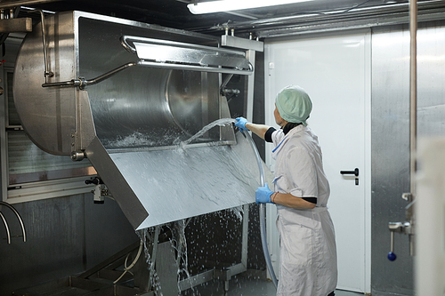 Portrait of female worker washing curdling machine in workshop at cheesemaking factory, copy space