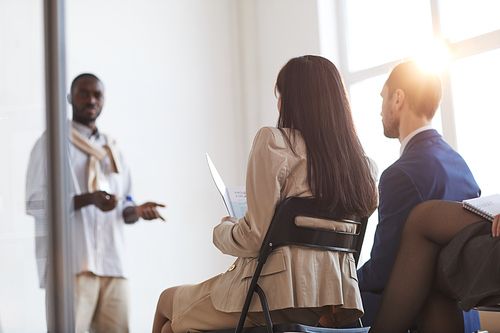 Back view at people listening to business coach while sitting on chairs in audience at conference or seminar, lens flare, copy space