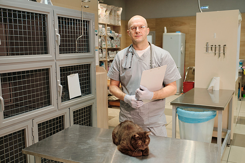 Portrait of mature veterinarian in uniform looking at camera and holding medical card of his little patient standing at vet clinic