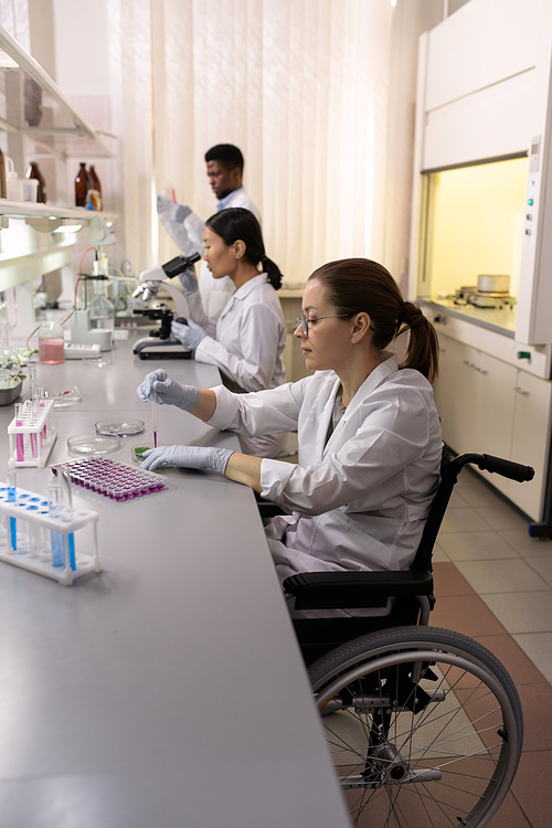 Disabled scientist sitting at the table and working with samples in test tubes with her colleagues in the background