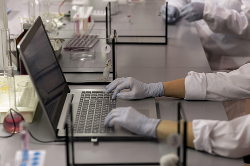 Close-up of scientist in protective gloves sitting at the table and typing on laptop while working in the lab
