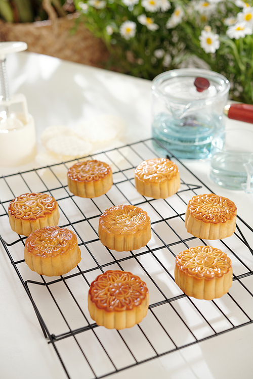 Stove rack with beautiful mooncakes traditionally eaten during the Mid-Autumn Festival