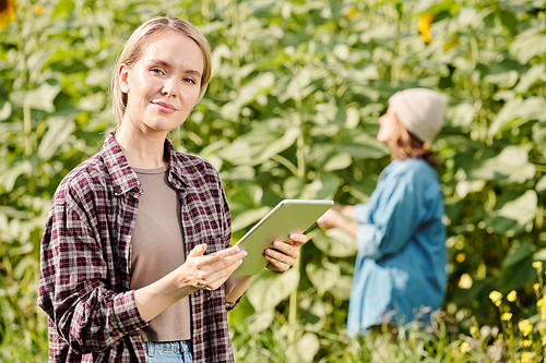 Mature female farmer in workwear standing in front of camera and using touchpad against sunflower field and mature man on sunny day