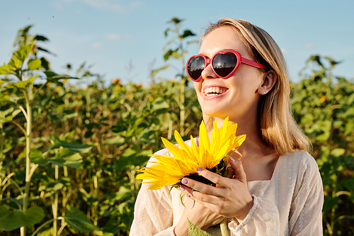 Laughing blond girl in sunglasses and white dress standing by one of sunflowers in front of camera against clear sky on sunny summer day