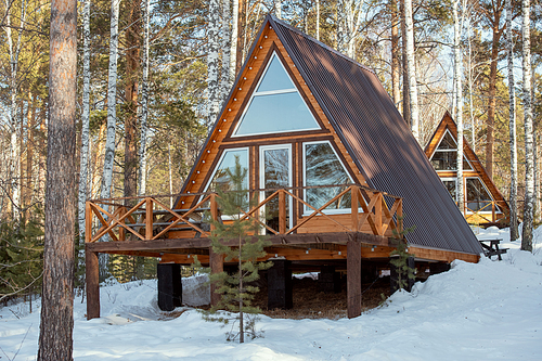 Contemporary country house standing in snow in the forest in front of camera on background of other residence among pines and birches