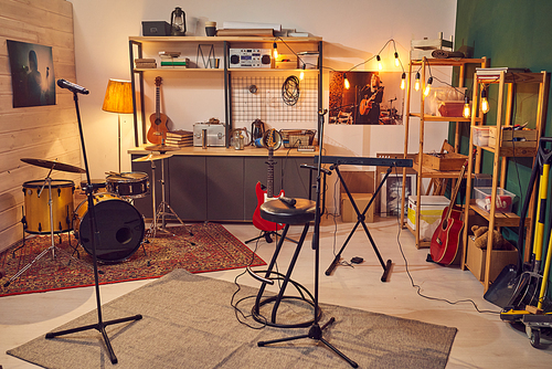 Interior of large studio of music recording with nobody inside