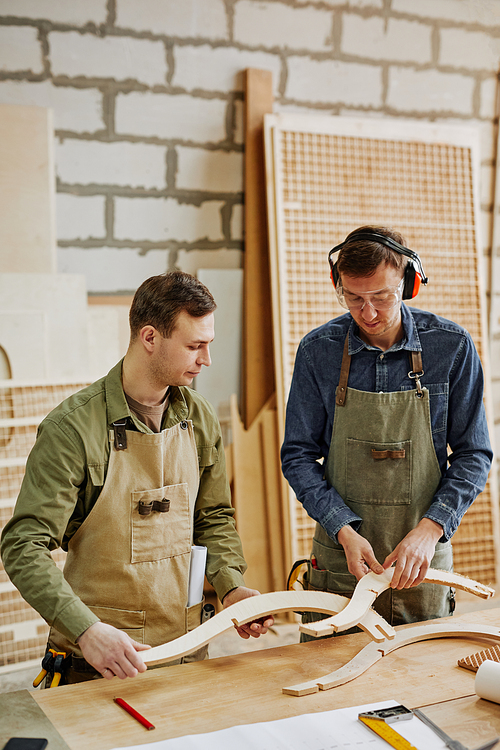 Vertical portrait of two workers fitting furniture parts while building handcrafted piece in carpentry workshop