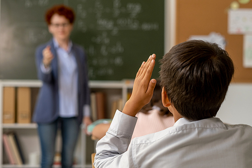 Clever schoolboy with raised hand going to answer question of teacher at lesson