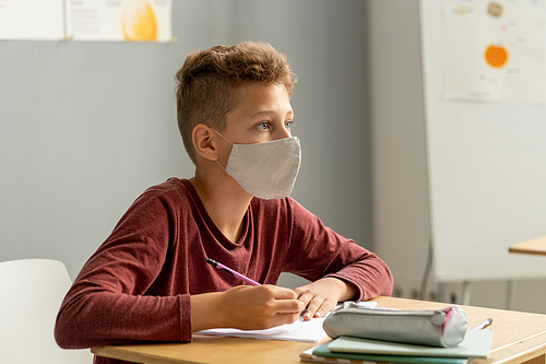 Cute schoolboy in protective mask looking at blackboard and making notes