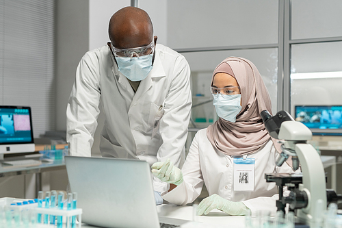 Young Muslim female virologist making presentation to African American male colleague bending over desk with laptop at meeting