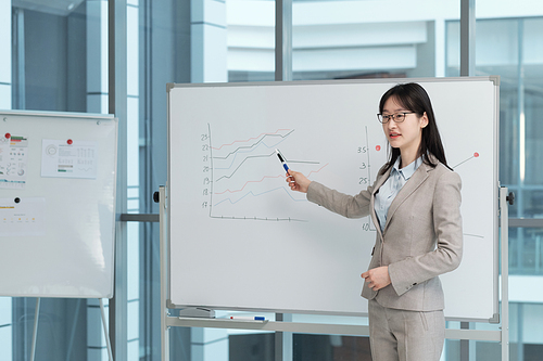 Young confident Asian female teacher pointing at whiteboard while explaining audience financial data during presentation