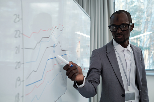 Young serious African American teacher pointing at income graph on whiteboard during presentation of company income