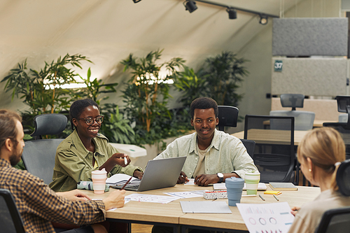 Portrait of two young African-American people smiling at colleagues while sitting at table during meeting in modern office and discussing work project, copy space