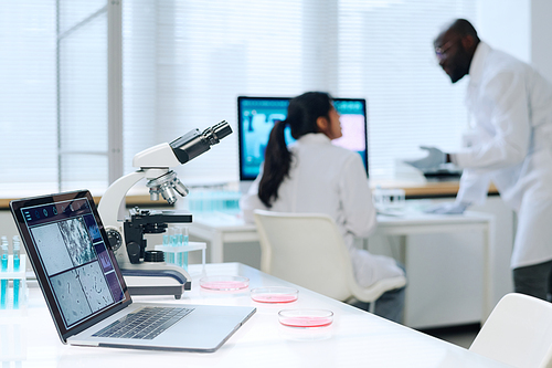 Laptop, microscope and group of petri dishes standing on workplace of contemporary researcher or virologist in clinical laboratory