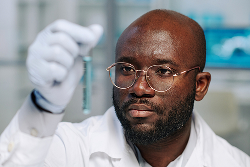 Young bearded African American male scientist in eyeglasses and gloves looking at flask with liquid while working in clinical laboratory
