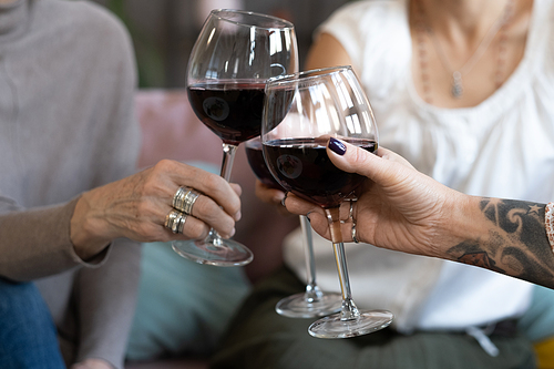 Close-up of mature women toasting with glasses of red wine during meeting
