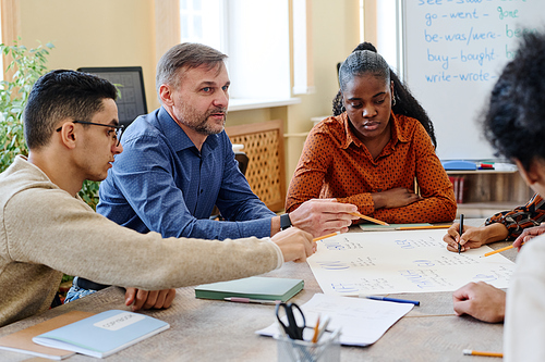 Mature teacher and his immigrant students working on educational English language poster together in group