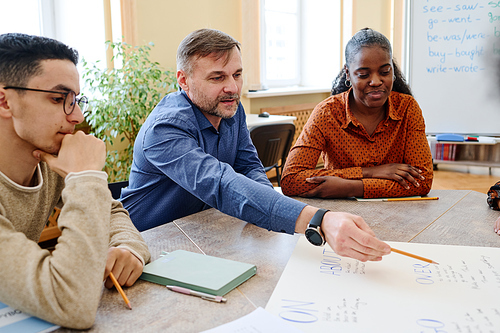 Mature teacher working with immigrant students pointing pencil on word written on poster and explaining it