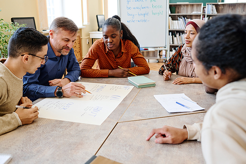 English language teacher sitting at table with his students checking spelling of words on poster they created