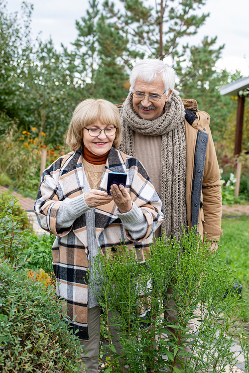 Smiling senior woman with smartphone photographing one of green plants while taking photo of it with her husband standing near by