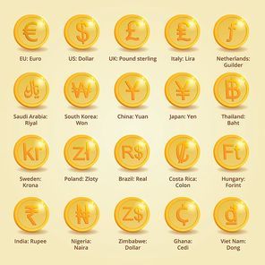 set of currency coins of different countries