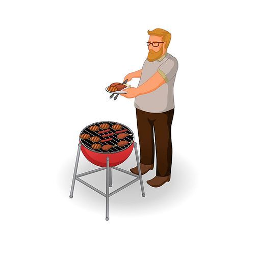isometric man with a barbecue grill