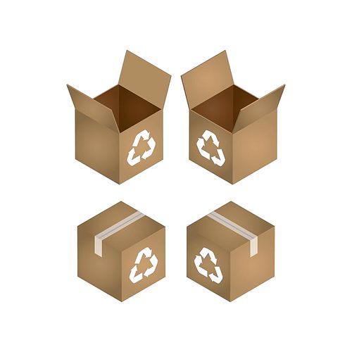 collection of isometric carton box with recycling symbol